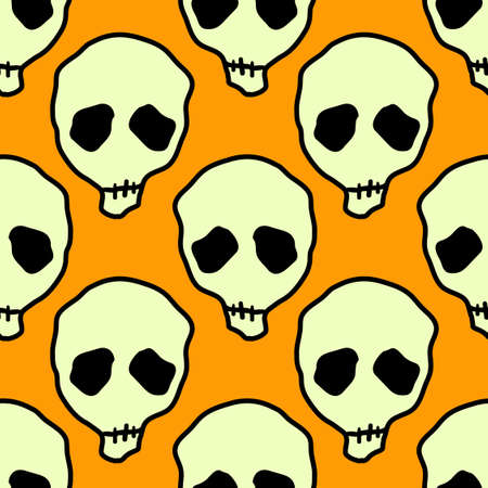 Vector Halloween doodle skulls seamless pattern. Design background for party poster. Hand drawn cartoon illustration. Objects isolated over orange.のイラスト素材