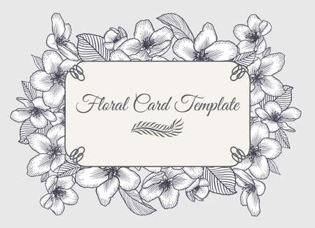 Vector botanical floral wedding invitation elegant card monochrome template with apple flowers. Romantic design for greeting card, natural cosmetics, women products.のイラスト素材