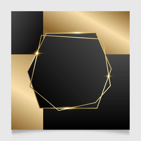 Elegant golden and black shiny glowing geometric frame. Gold metal luxury blank polygonal border. Vector background illustration template.のイラスト素材