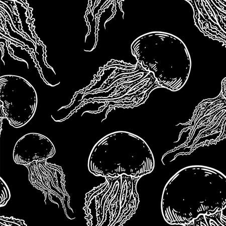Hand drawn jellyfish vector seamless pattern. Medusa with long tentacles background illustration....