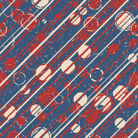American patriotic retro colored textured seamless pattern. Circles and stripes in red, blue and beige. Vintage vector wallpaper.のイラスト素材