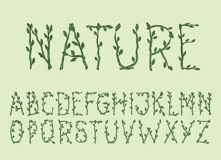 Full nature alphabet made of green tree branches with leaves. Environment vector hand drawn letters set isolated.のイラスト素材