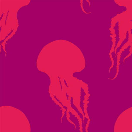 Hand drawn jellyfish vector seamless pattern. Medusa with long tentacles silhouette dark pink background illustration. Sea nature, underwater life animal.のイラスト素材