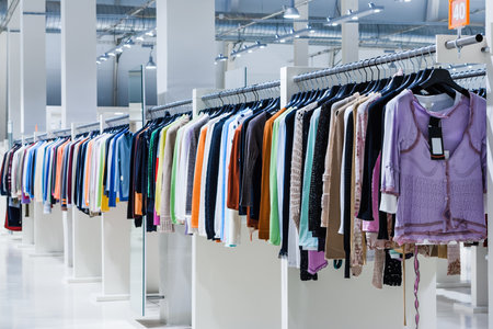 Big clothes outlet, luxury and fashionable interior of garments store. Sweatshirt department. All logos removed.のeditorial素材