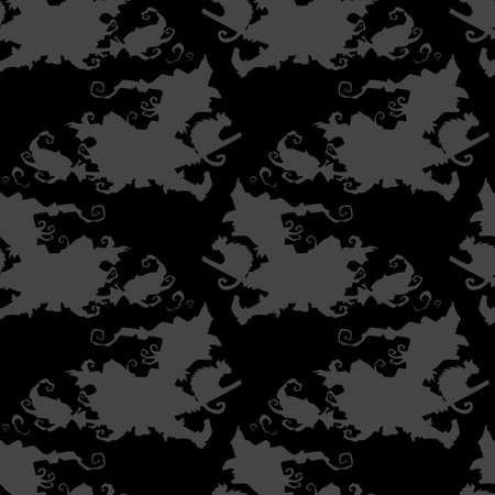 Witch on a broomstick vector Halloween seamless pattern. Design background for party poster. Hand drawn cartoon illustration in black and dark grey.のイラスト素材