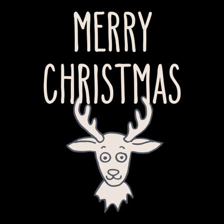 Merry Christmas hand drawn doodle greeting card with a happy reindeer. Hand written holiday words. Black and white vector illustration.のイラスト素材