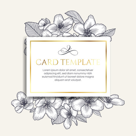 Vector botanical floral wedding invitation elegant card monochrome template. Apple flowers and golden frame. Romantic design for greeting card, natural cosmetics, women products.のイラスト素材