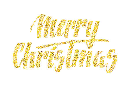 Merry christmas greetinig card with golden glitter lettering. Hand drawn text, gold calligraphy isolated over white background. Xmas holiday vector illustration.のイラスト素材