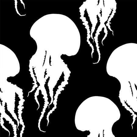 Hand drawn jellyfish vector seamless pattern. Medusa with long tentacles background illustration. Sea nature, underwater life animal in black and white.のイラスト素材