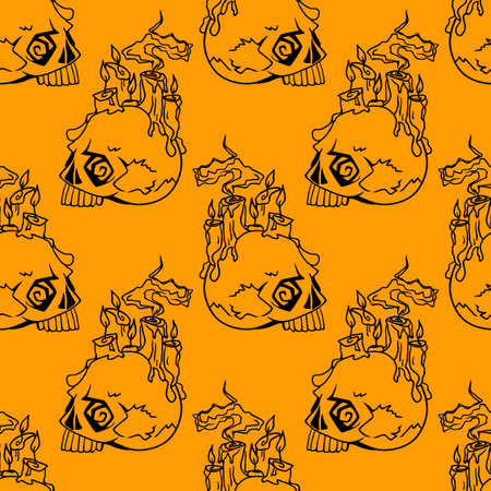 Vector Halloween doodle skulls with candles seamless pattern. Design background for party poster. Hand drawn cartoon illustration in black over orange.のイラスト素材
