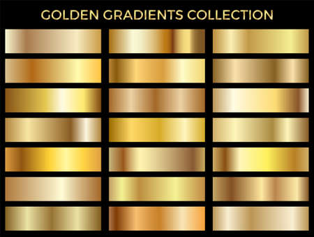Gold texture gradient background vector set. Metallic design for frames, banners and labels. Realistic abstract golden pattern. Elegant light and shiny metal template.のイラスト素材