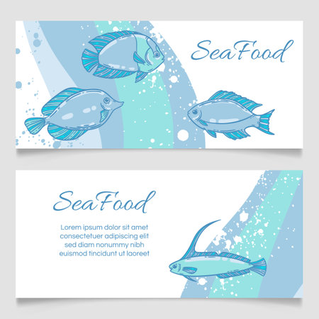 Seafood restaurant menu template, hand drawn vector illustration. Fish food in sea foam graphic mockup in blue and white.のイラスト素材