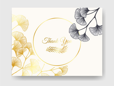 Floral botanical golden wedding invitation elegant template with gold and monochrome ginkgo leaves. Romantic vector round frame greeting card design over white.のイラスト素材
