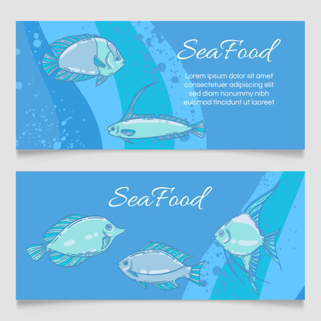 Seafood restaurant menu template, hand drawn vector illustration. Fish food in sea foam blue graphic mockup.のイラスト素材