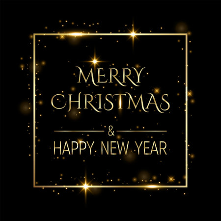 Handwritten Merry Christmas and Happy New Year greetings, modern festive calligraphy lettering in golden over black. Holiday season card vector illustration.のイラスト素材