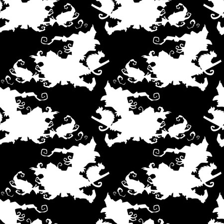 Witch on a broomstick vector Halloween seamless pattern in black and white. Design background for party poster. hand drawn cartoon illustration.のイラスト素材
