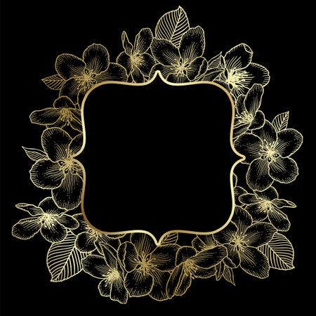 Floral botanical golden frame with apple flowers. Dark elegant card template. Luxury design for wedding invitation, greeting card, vip women products. Vector illustration in gold over black.のイラスト素材