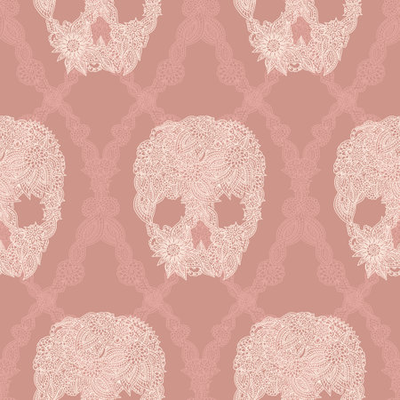 Doodle floral skulls damask seamless pattern in vintage brown colors. Vector Halloween background.のイラスト素材