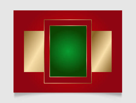 Geometric Christmas rectangle frame in festive gold, red and green colors. Golden shiny glowing blank border. Winter holidays vibrant background with copy space.のイラスト素材