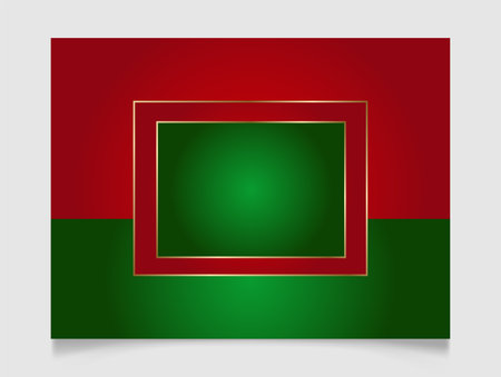 Geometric Christmas rectangle frame in festive gold, red and green colors. Golden shiny glowing blank border. Winter holidays vibrant background with copy space.のイラスト素材
