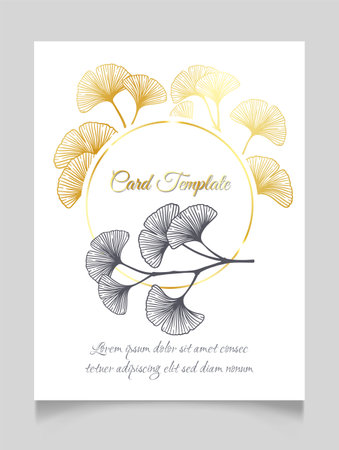 Floral botanical golden wedding invitation elegant template with gold and monochrome ginkgo leaves. Romantic vector round frame greeting card design over white.のイラスト素材