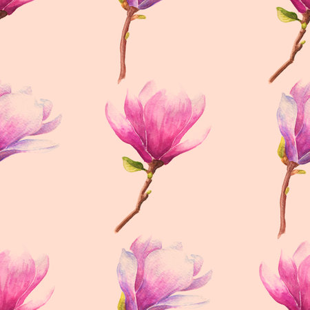 Hand drawn watercolor magnolia or tulip tree branch with pink flowers seamless pattern. Romantic pastel pink background.の写真素材