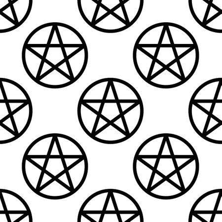 Pentagram in a circle seamless pattern, magic occult star symbol drawing. Background vector illustration in black over white.のイラスト素材