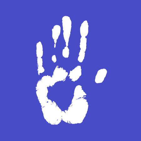 Print of a human hand. Palm imprint in white isolated over blue. Vector grunge illustration.のイラスト素材