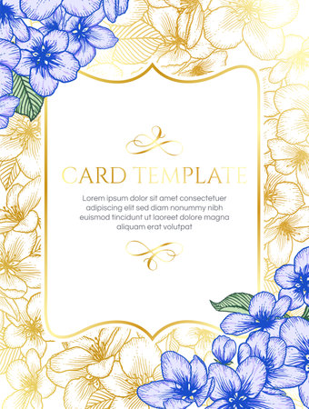 Floral botanical wedding invitation elegant card template with golden and blue apple flowers. Romantic design for greeting card, natural cosmetics, women products. vector illustration.の写真素材