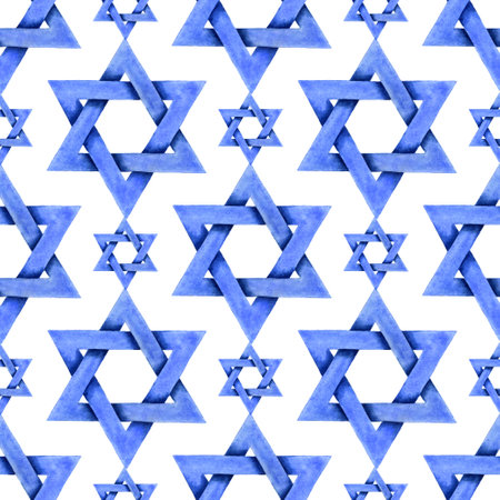 Star of David watercolor background illustration. Jewish Israeli religious symbol seamless pattern. Judaism sign. Blue six geometric pointed figure. Handdrawn watercolor artistic painting wallpaper.の写真素材