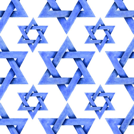 Star of David watercolor background illustration. Jewish Israeli religious symbol seamless pattern....