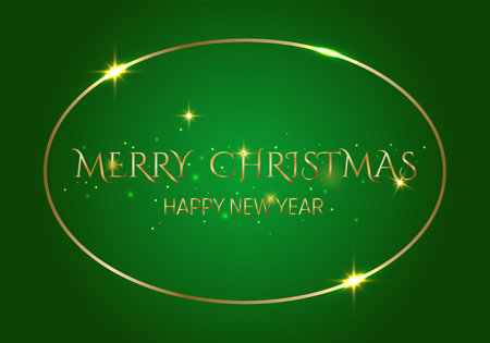 Handwritten Christmas and New Year greetings in a glowing frame, modern festive calligraphy lettering in golden over green. Holiday season design vector illustration template.のイラスト素材