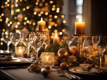 Beautiful served table with golden decorations and candles. Christmas dinner setting in a cozy dining room. Winter holidays and celebration concept of festive party. AI-generated iの素材