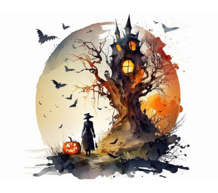Halloween creepy house modern illustration. Holiday card spooky watercolor drawing. AI-generated imageの素材