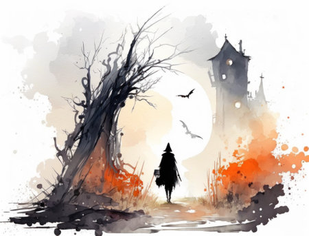 Halloween creepy house modern illustration. Holiday card spooky watercolor drawing. AI-generated imageの素材