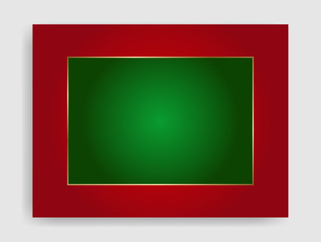 Geometric Christmas rectangle frame in festive gold, red and green colors. Golden shiny glowing blank border. Winter holidays vibrant background with copy space.のイラスト素材