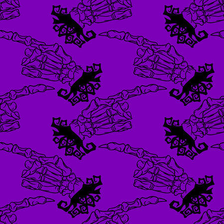 Skeleton hand vector Halloween seamless pattern. Design background for party poster. Hand drawn cartoon illustration in black and purple.のイラスト素材