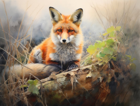 Cute fox watercolor illustration, children book style. Wild animal on nature trail in autumn season. AI-generated imageの素材