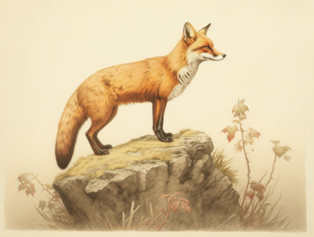 Cute fox illustration, children book style. Wild animal standing on a rock. AI-generated imageの素材