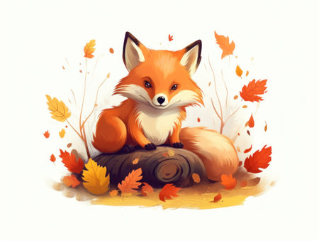 Cute fox illustration, children book style. Sweet wild animal sitting on a rock in autumn season. AI-generated imageの素材