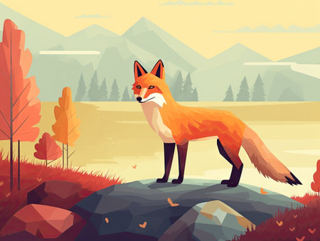 Flat fox colorful illustration. Wild animal standing on a rock on nature trail in autumn season. AI-generated imageの素材