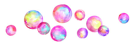 A set of pink watercolor soap bubbles isolated on a white background. Hand drawn watercolor colorful...