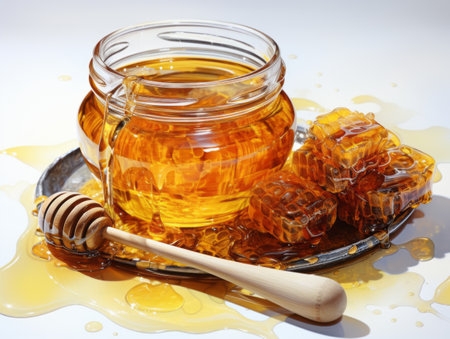 A glass jar of honey with a wooden honey dipper on a metal plate. Piece of honeycomb aside.の素材
