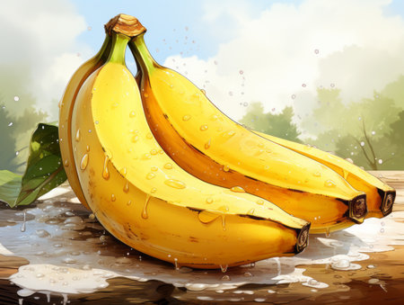 Banana bunch with drops of water splash. Ripe fruit illustration.の素材