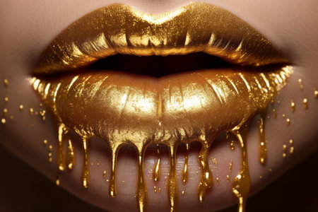 Extreme close-up of full female lips in golden glitter paint. Decorative cosmetics for women. Gold lipgloss dripping, liquid drops on beautiful model's mouth. Beautiful woman make-up close up.の素材