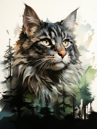 Double exposure portrait of beautiful domestic tabby cat and majestic forest landscape. Animal in nature. Naturall pet food concept.の素材