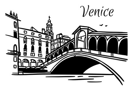 Line art vector drawing of Rialto Bridge in Venice, Italy. Architecture tourism landmark, travel destination. Hand drawn black and white illustrationのイラスト素材