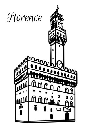 Line art vector drawing of Palazzo Vecchio in Florence, Italy. Architecture tourism landmark, travel destination. Hand drawn black and white illustrationのイラスト素材