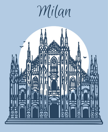 Line art vector drawing of the Milan Cathedral, Italy. Architecture tourism landmark, travel destination. Hand drawn illustrationのイラスト素材