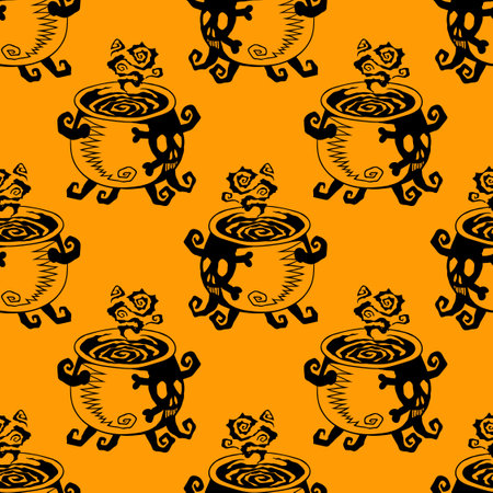 Witch cauldron with boiling potion, vector Halloween seamless pattern. Design background for party poster. Hand drawn cartoon illustration in black over orange.のイラスト素材
